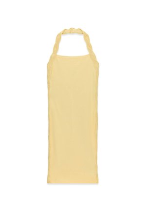 Robe sans manches jaune pâle avec un col halter en crochet festonné et des bords latéraux, longueur genou, silhouette ajustée.