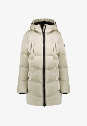 Lichtbeige pufferjack met capuchon, met een rits aan de voorkant, twee zijzakken en een doorgestikt ontwerp met horizontale stiksels.