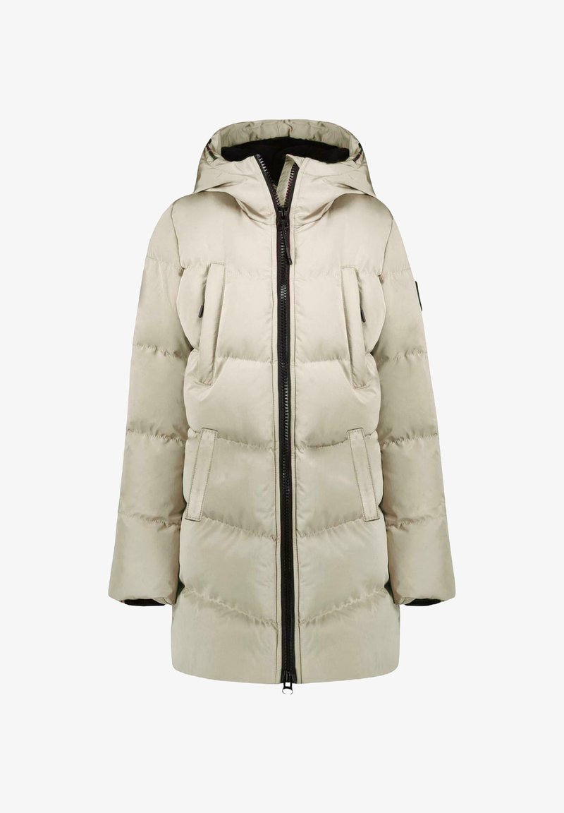 Lichtbeige pufferjack met capuchon, met een rits aan de voorkant, twee zijzakken en een doorgestikt ontwerp met horizontale stiksels.
