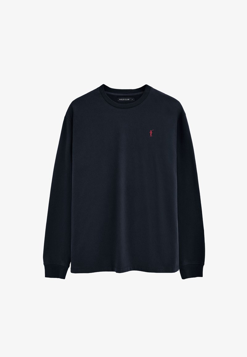 Maglietta nera a maniche lunghe con scollo rotondo, piccolo logo ricamato del giocatore di polo rosso sul lato sinistro del petto, polsini a costine e etichetta "Polo Club" all'interno del colletto.