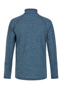 Pullover blu a maniche lunghe con colletto alto. Realizzato in un tessuto texturizzato, presenta maniche raglan e cuciture a contrasto sui punti di giunzione.