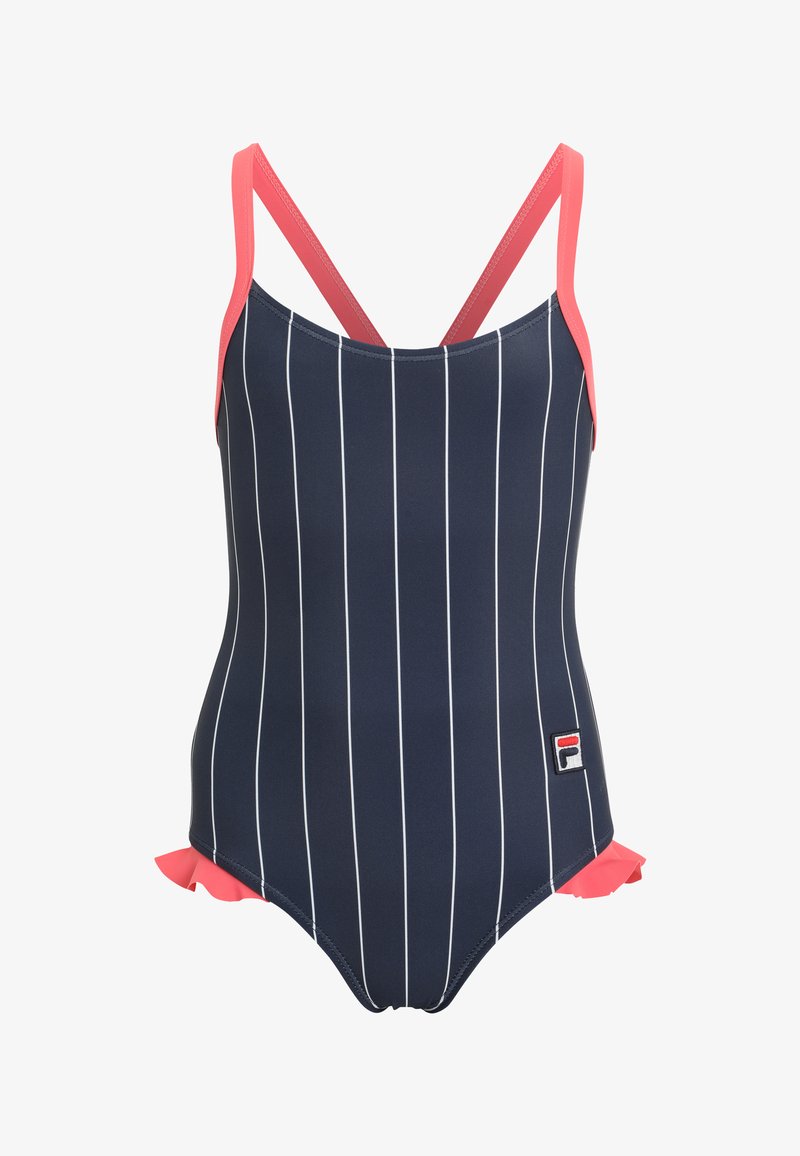 Tummansininen uimapuku yhdellä palalla, jossa on valkoisia pystysuoria raitoja, korallinpinkit hihnat ja röyhelöyksityiskohdat, sekä pieni FILA-logo edessä.