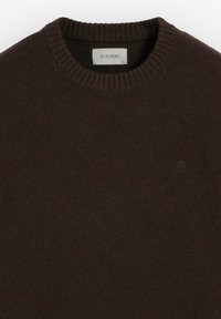 Brązowy sweter z wełny o splocie, z prążkowanym okrągłym dekoltem, z delikatnym logo na klatce piersiowej. Miękka tekstura, średnia grubość.