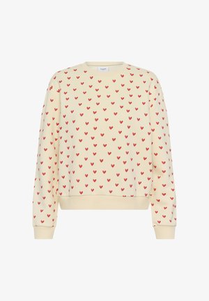 Cremefarbener Sweatshirt mit Muster kleiner roter Herzen, mit gerippten Bündchen und Saum, aus weichem Stoff mit lockerem Schnitt.