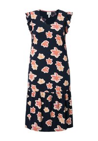 Abito blu navy con stampa floreale in rosa e arancione, con maniche a volant, scollatura a V e gonna a strati. Materiale misto cotone.