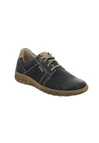 Scarpa in pelle blu scuro con accenti beige, design con lacci, tomaia testurizzata e suola in gomma con scanalature orizzontali per la presa.