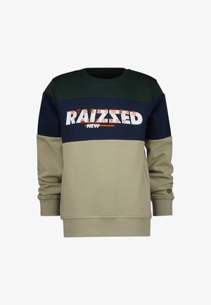 Sweat-shirt col rond avec des blocs de couleurs vert foncé, bleu marine et beige, avec le texte "RAISED" et "STREETWEAR CONCEPT NEW" sur la poitrine.