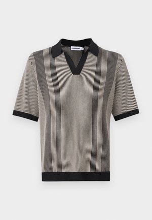 Short-sleeve beige shirt with thin vertical black stripes, black ribbed collar, sleeve cuffs, and hem.