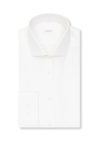Chemise blanche à col classique, manches longues et poignets à un seul bouton. Fabriquée en tissu texturé. Nom de la marque affiché à l'intérieur du col.