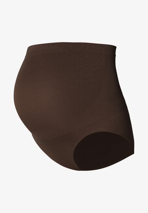 Brązowa bezszwowa bielizna ciążowa z wysokim pasem i pełnym zakryciem brzuszka.