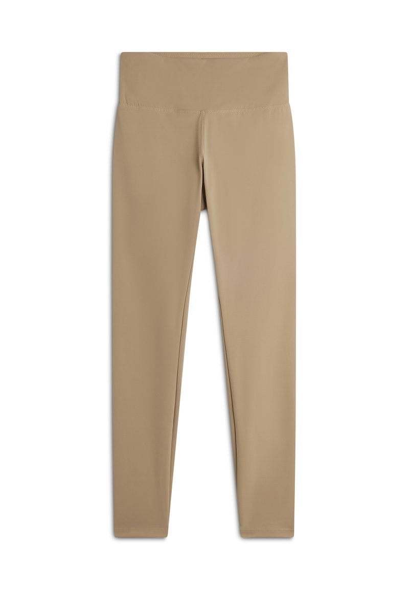 Leggings beige realizzati in tessuto elasticizzato e liscio. Design con vita alta e senza cuciture visibili, modellati per una vestibilità aderente.