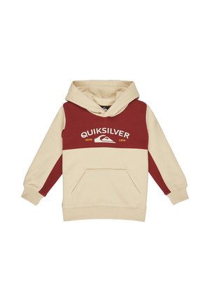 Kinderkapuzenpullover in Beige und Burgunderrot mit Fronttasche und "Quiksilver"-Logo auf der Brust gedruckt.