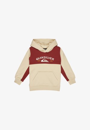 Sweat à capuche pour enfants en beige et bordeaux avec poche avant et logo "Quiksilver" imprimé sur la poitrine.