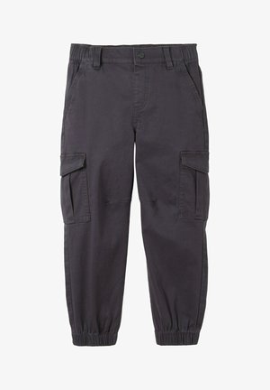 Donkergrijze cargo broek met elastische tailleband, twee zijzakken en twee zij cargo zakken. Gemaakt van een lichtgewicht stof.