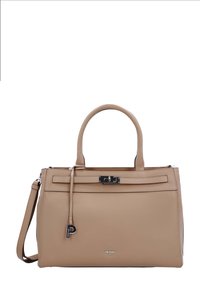 Beige leather handbag with structured shape, top handles, detachable shoulder strap, silver hardware, and embossed logo on the front.