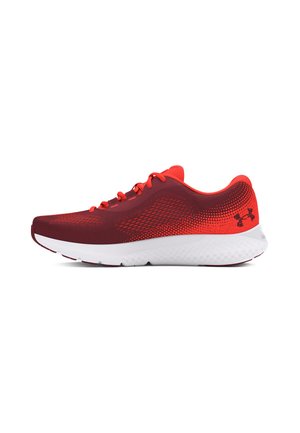 Red athletic shoe with a lightweight mesh upper, textured detailing, cushioned white midsole, and red accents along the laces and heel.