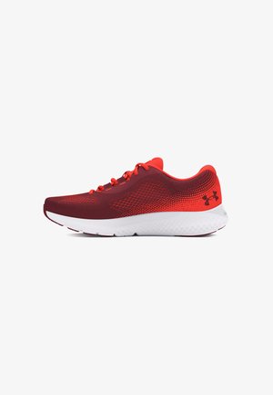 Red athletic shoe with a lightweight mesh upper, textured detailing, cushioned white midsole, and red accents along the laces and heel.