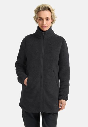 Fleece jack in effen zwart, met een hoge kraag, een rits aan de voorkant, twee zijzakken en een zachte, gestructureerde oppervlakte.
