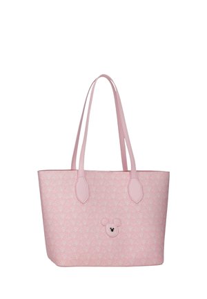 Bolsa tote rosa con asas dobles, con un sutil patrón repetido de Mickey Mouse y un pequeño emblema de Mickey Mouse en el frente.