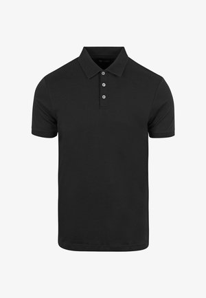 Zwarte poloshirt van zachte katoen. Voorzien van een geribde kraag, een knoopsluiting met drie knopen en korte mouwen. Klassieke pasvorm zonder zichtbare patronen.