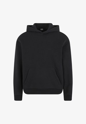 Felpa nera con cappuccio, tasca a marsupio frontale e polsini e orlo a coste, mostrata su sfondo bianco.