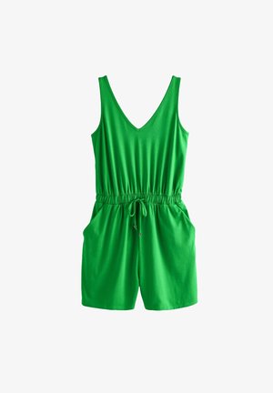 Zelený bezrukávový overal z jemnej látky s výstrihom do V, elastickým pásom, šnúrkou na stiahnutie a dvoma bočnými vreckami. Neformálny a priliehavý dizajn.