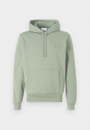 Mint green hoodie with a kangaroo pocket, adjustable drawstring hood, and small logo on the left chest. Made from soft, textured fabric.