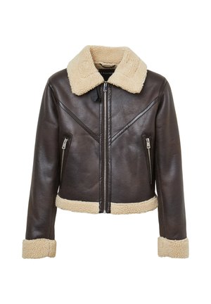 Braune Lederjacke mit Schafslederkragen und -manschetten. Mit diagonaler Naht, Frontreißverschluss und zwei seitlichen Reißverschlusstaschen.