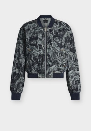 Bomber jacket with full front zipper, navy ribbed collar and cuffs, featuring black and gray horse pattern print.