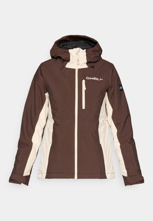 Pruun ja kreemjas kahetooniline jakk, millel on lukuga esiosa, reguleeritav kapuuts ja kaks esikotti. Brändi logo on rinnal.