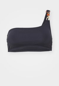 Czarny biustonosz bikini na jedno ramię wykonany z elastycznego materiału. Charakteryzuje się eleganckim wzornictwem z ozdobnym złotym detalem. Gładka tekstura.