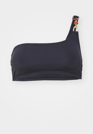 Top de bikini negru cu umărul gol, realizat din material elastic. Prezintă un design elegant, cu un detaliu decorativ din metal auriu. Textură netedă.