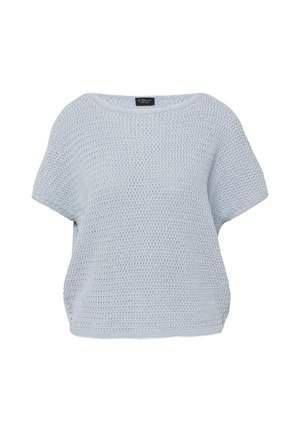 Pull tricoté bleu clair à manches courtes, coupe ample et col rond, avec un motif au crochet texturé sur toute la surface.