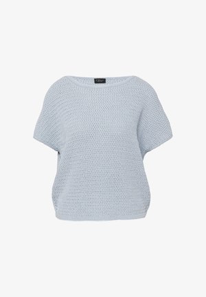 Hellblauer, kurzärmeliger Strickpullover mit lockerer Passform und Rundhalsausschnitt, mit einem strukturierten Häkelmuster überall.