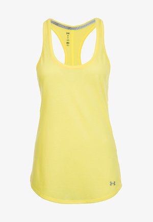 Geel atletisch tanktop met racerback-ontwerp, geribbelde textuur en een klein logo aan de onderkant rechts. Lichtgewicht en ademende stof.