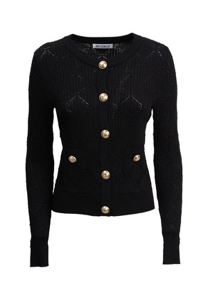 Zwarte gebreide cardigan met een gestructureerd patroon, geribbelde boorden en zes gouden knopen met decoratieve logo's.