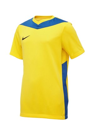 Żółta sportowa koszulka z niebieskimi akcentami na ramionach i bokach, z krótkimi rękawami i czarnym logo Nike na prawej piersi.