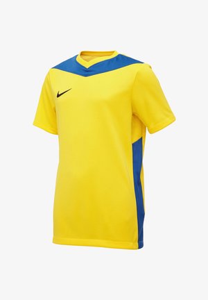 Gul sportstrøje med blå accenter på skuldre og sider, korte ærmer og sort Nike-logo på højre bryst.