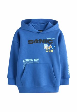 Hanorac albastru pentru copii cu grafica Sonic the Hedgehog, textul „Sonic Since 1991”, „Game On” și un buzunar tip kangaroo în față.