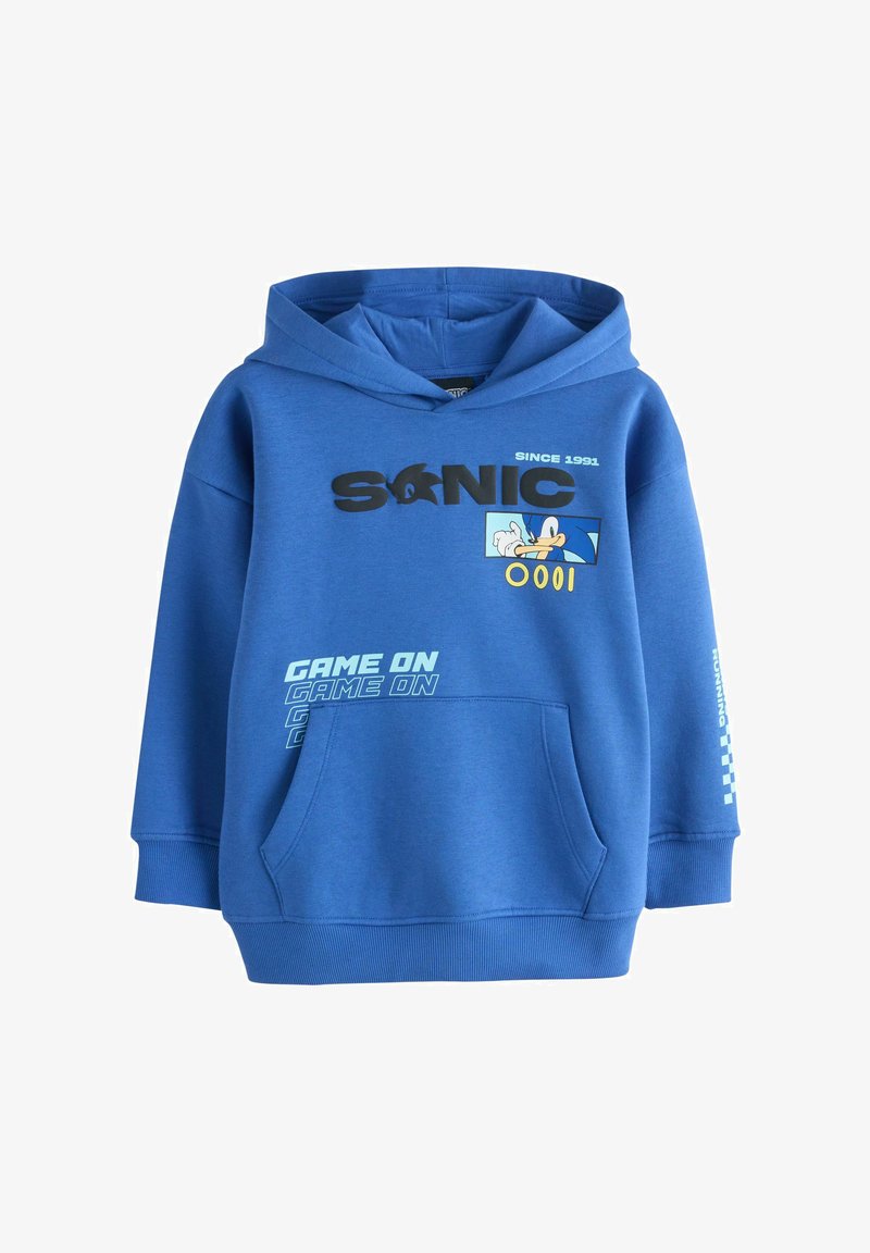 Sweat à capuche bleu pour enfants avec des graphismes de Sonic le Hérisson, les inscriptions "Sonic Depuis 1991" et "Game On", ainsi qu'une poche kangourou à l'avant.