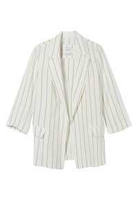 Bílý blazer se světle hnědými vertikálními pruhy, s klopami, dvěma předními kapsami a uvolněným střihem. Vyrobeno z lehké tkaniny.