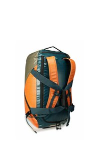 Zaino con una combinazione di colori arancione e teal. Presenta spallacci imbottiti, zip laterale e un tessuto resistente e testurizzato. Design compatto.