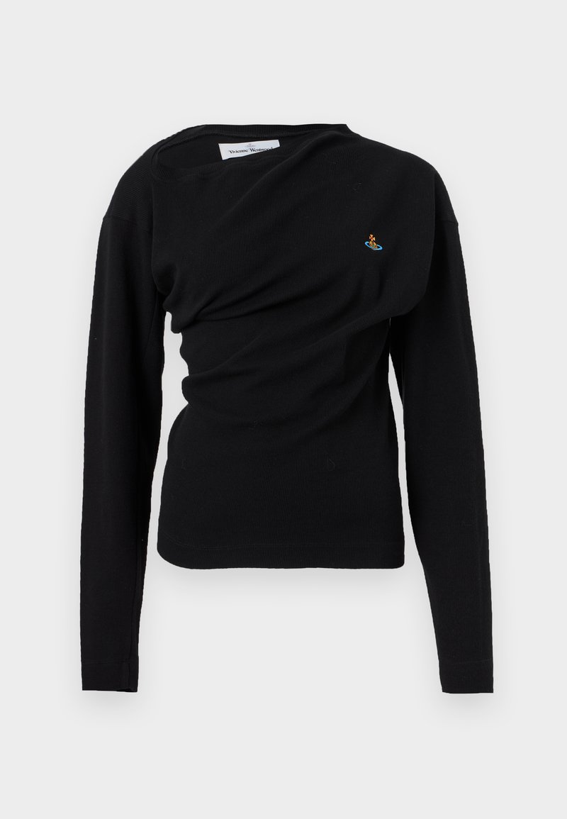Black long-sleeve crew neck sweater with subtle diagonal draping and small colorful orb logo on left chest.