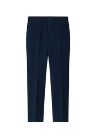 Navy blue trousers featuring a smooth fabric, straight cut, double pleats at the front, and side pockets. Metal button closure at waist.
