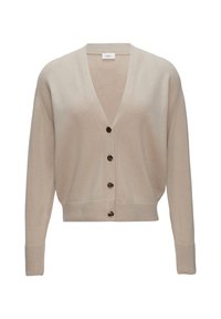 Beige gestrickte Strickjacke mit V-Ausschnitt, fünf braunen Knöpfen, gerippten Bündchen und Saum sowie einer weichen Textur. Minimalistisches Design mit lockerer Passform.