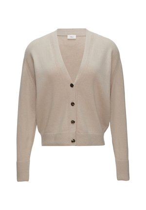 Beige gebreide cardigan met een V-hals, vijf bruine knopen, geribbelde manchetten en zoom, en een zachte textuur. Minimalistisch ontwerp met een ontspannen pasvorm.
