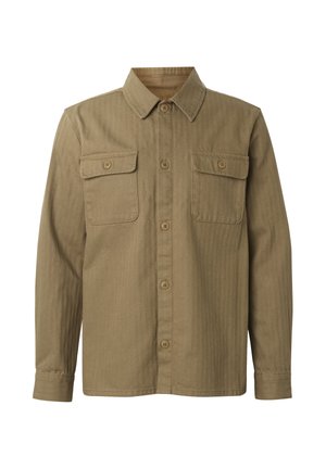 Khaki overhemdjack met lange mouwen, verticale strepen, knoopsluiting, twee knoopkleppen aan de voorkant en een klassieke kraag.