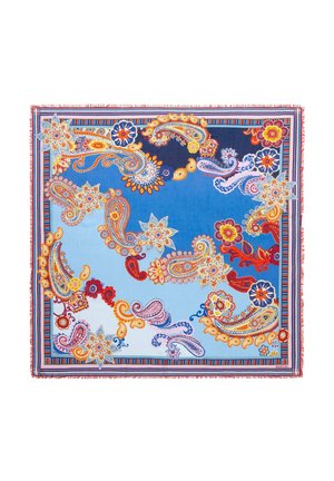 Square scarf with blue gradient background featuring colorful paisley and floral patterns accented by a striped red, blue, and white border.