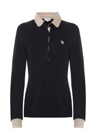 Polo a maniche lunghe nera con colletto e polsini beige. Presenta una chiusura a tre bottoni e un piccolo logo ricamato sul petto.