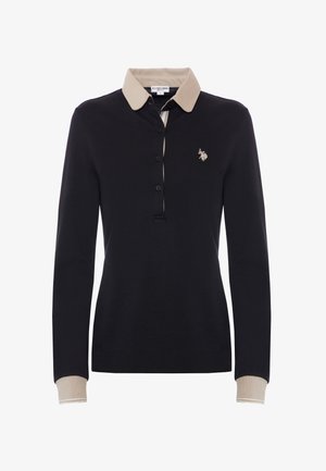 Polo a maniche lunghe nera con colletto e polsini beige. Presenta una chiusura a tre bottoni e un piccolo logo ricamato sul petto.